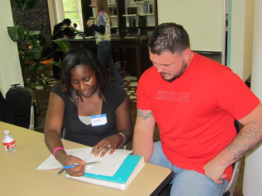TR student Jessica Brown helps fellow student Brandon Weaver complete a personality profile. Assistant professor of sociology Theresa Schrantz’ class project allowed students to make connections while helping others.
Photo courtesy Laura Escamilla