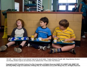 Diary of a Wimpy Kid follows Gregg Heffley and his misadventures as he makes his way through the first year of middle school. Gregg and his best friend Rowley are forced to sit on the cafeteria floor because they are not popular enough for a table. Photo courtesy 20th Century Fox