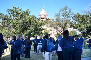 Texas students and college representatives gather outside the Capitol during Community College Day Feb. 5. The group met with legislators to discuss topics such as school funding and concealed handguns, among others.Georgia Phillips/The Collegian