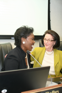 Board president Louise Appleman congratulates Erma Johnson Hadley on her official appointment as chancellor. Photos by Casey Holder/The Collegian