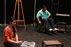SE students Savanna Zambrana and Clinton Riggins IV rehearse for the play Being Found, written by Jamie Mendez, a student who was one of the winners of the SE Campus playwriting contest. Haylie Jones/The Collegian