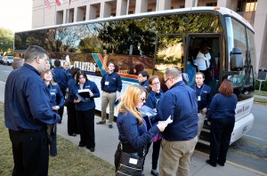 The bus unloads TCC SGA members and other students in front of the Capitol. Students immediately began discussing what they wanted to ask legislators. 