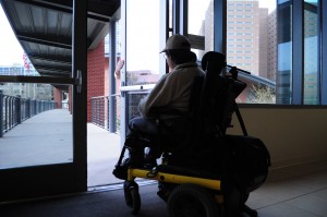 A TREF door leads straight to the bus stop, making it easiest for students in wheelchairs who ride the bus to use. Unfortunately, this door doesn’t have a button for wheelchair use.  Photo by Alice Hale/The Collegian