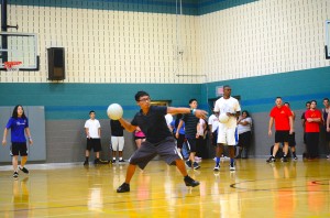 Derill Macalalag prepares to throw a ball at the opposing team during the SE Campus dodgeball tournament. The winning team, Los Aztecas, had never played dodgeball before this competition.  Tevin Briscoe/The Collegian