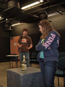 Hal (Brandon Owens) and Catherine (Courtney Morris) rehearse a scene from Proof, running Feb. 28-March 1 on SE Campus.  Photo by Patrick Cusack/The Collegian