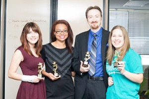 Awards were given at the NW Texas Government Cornerstone students' Film Festival Dec. 4 on NW Campus. Left to right: Maggie Douglas received the best overall documentary award, Tiffany Duncan, best interview, Robert Smith, best director, and Morgan Staskus, best research. Photo by Yesenia Santillan/The Collegian