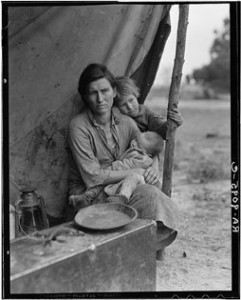 In Dorothea Lange’s March 1936 portrait, a mother, 32, and two of her seven hungry children from Nipomo, Calif., wait for the father’s return form work in the fields. Such scenes were common during the Depression as wages were low and food was scarce. Migrant families often survived by crowding in tattered makeshift shelters along irrigation ditches and endured unsanitary living conditions. An exhibit of Depression-era photographs are in the NSTU Center Corner on NE Campus through March 9.