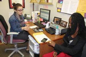 Haylie Jones/The Collegian  NE academic advisor Mary Czajkowski provides advice for Diamond Walker. Students can join the mentor program if they are in need of assistance during the semester. 