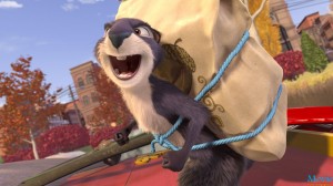 Surly, voiced by Will Arnett, is the selfish squirrel in The Nut Job who gets banished from his park and is forced to live in the city on the lookout to stockpile nuts.  Photo courtesy Open Road Films