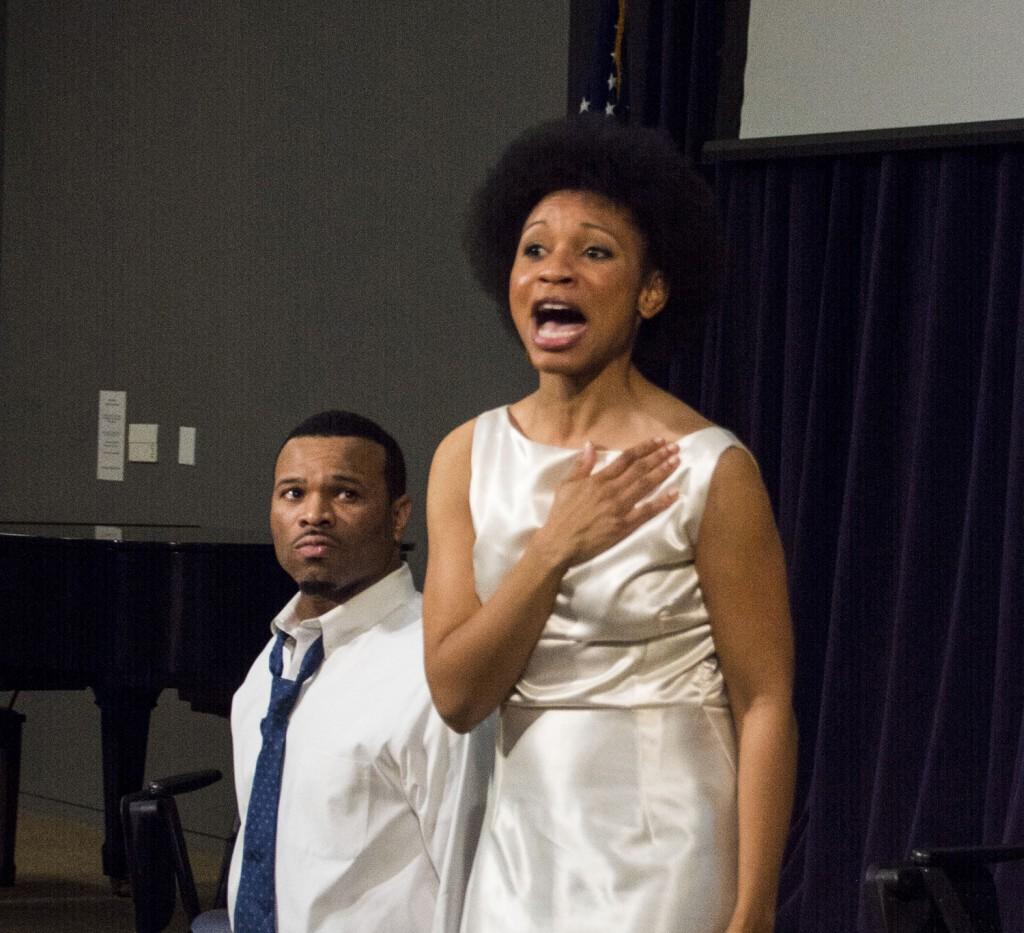 Jason Floyd/The Collegian  Kenneisha Thompson plays Camae alongside Oris Phillips as Martin Luther King Jr. in the production of The Mountaintop, playing at Jubilee Theatre until March 1.