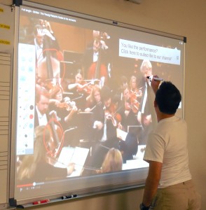 Dylan Bradley/The Collegian  Various classrooms, including music classrooms on NE Campus, now provide whiteboards where students and teachers can use a special pen to interact with the projected image directly on the whiteboard. 