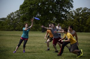 Students compete in ultimate Frisbee April 16 on NE Campus. Some players were new to the game while others have been practicing together for about two years.  Photo by Georgia Phillips/The Collegian 