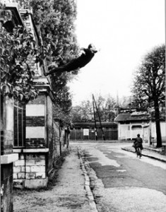 Yves Klein, artist, is shown jumping from a building in “Leap into the Void,” one of several works now on display in Declaring Space, an exhibit at the Modern Art Museum of Fort Worth.  Photo courtesy Artists Rights Society