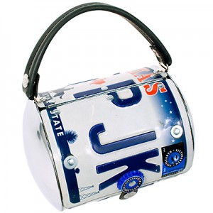 The recycled license plate purse shows how some women can go green.
