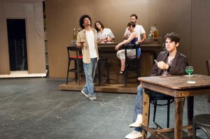 Devereaux, left, Natalie Petters as Germaine, Hayden Evans as Freddy, Kathryn Lambert as the female admirer and Blakeman are on a set that features an intimate atmosphere. Photos by Audrey Werth/The Collegian