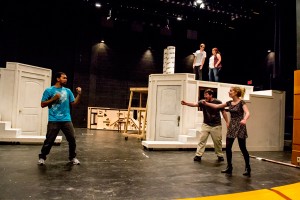 At left, Raymond Ruffin, who plays Passepartout, gets ready to fight Mickey Humphries and Kaitlyn McGehee at right. The action-and-adventure-filled play runs Oct. 15-18 in the C.A. Roberson Theatre on SE Campus. Katelyn Townsend/The Collegian