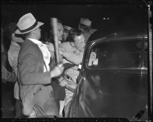 The press reported violent attacks in the Zoot Suit Riots on June 4, 1943, in Los Angeles, but actually, few injuries occurred. Photo courtesy Los Angeles Daily News Collection, Library Special Collections, Charles E. Young Research Library, UCLA