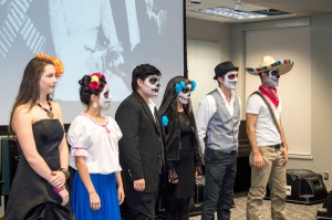 Top from left, Intermediate Spanish I students Katlyn Fessenden, Deanna Bryant, Rudolfo Cuveas, Miriam Castillo, Kenson Short and Samuel Amado participate in the La Catrina contest. Photos by Linah Mohammad/The Collegian