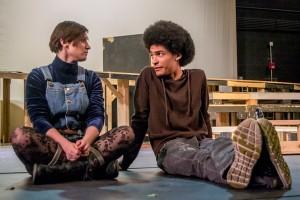 Ashley Koeneke (left) and Stephan Devereaux (right) show universal emotions while fighting against the underworld in the Greek mythological play Eurydice Nov. 19-22 on NE. Lydia Ragalado/The Collegian