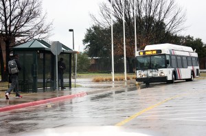 The T bus makes its way to South Campus' bus stop Jan. 22. At the moment, South and TR campuses are the only ones accessible by Fort Worth public transportation. NW, SE and NE are all lacking in public transportation options for students. Photos by Audrey Werth/The Collegian