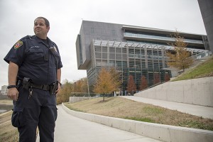 Officer Thomas Gilbert varies the foot patrol route he walks on TRE Campus each day.  Photo by Eric Rebosio/The Collegian
