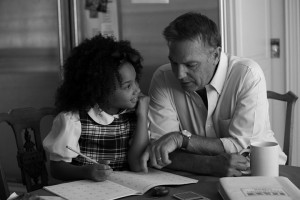 Eloise (Jillian Estell) and grandfather Elliot (Kevin Costner) show the complexity of mixed families in Black or White.  Photo courtesy Relativity Media
