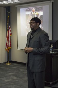 Former Dallas Maverick Sam Perkins talked to South students Feb. 11 about the importance of overcoming struggles to get an education. Photo by: Bogdan Sierra Miranda/The Collegian