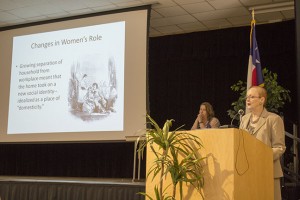 Texas Wesleyan professor Elizabeth Alexander educates students and faculty on the three waves of feminism during the Modern Feminism panel March 25. She encouraged women to be strong and continue to break boundaries. Photo by Caitlin Herron/The Collegian