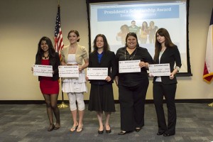 South students, from left, Dayana Reyes, Megan Whittington, Judy Lane, Cassandra Smith and Emily Bell received scholarships for $500 each at a president’s breakfast March 24. Photo by Bogdan Sierra Miranda/The Collegian