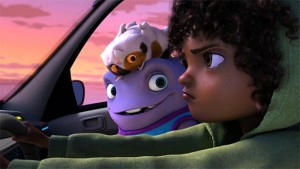 Oh (Jim Parsons) befriends a young girl named Trip (Rihanna) while his alien race invades Earth in Home. Photo courtesy DreamWorks Animation