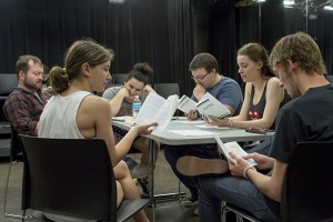 SE students do a table reading of their scripts. The Importance of Being Earnest depicts how some people put on false personas to get out of various social obligations. Photo by Bogdan Sierra Miranda/The Collegian
