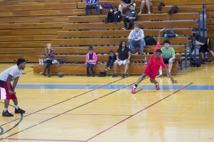Dedrick Darby, left, watches his teammate dodge an incoming ball during South Campus’ intramural dodgeball April 16.