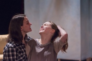 Student McKenzie Morrow rehearses with Morgan Mizell for the NW play Sylvia. Photo by Stephanie Pauken/The Collegian