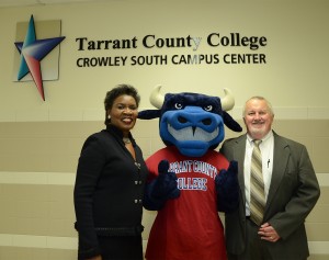 Chancellor Erma Johnson Hadley poses with TCC's mascot Toro.