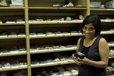 NE geology professor Meena Balakrishnan shows off some of the volcanic rocks she collected from Hawaii.Katelyn Townsend/The Collegian