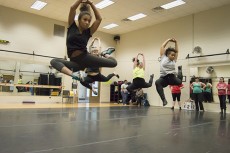 Photos by Christina Feyisetan/The CollegianNW students Breiah Allen and Chelsey Johnson lead the group in a jump during rehearsals for the hip-hop piece “Janet.”