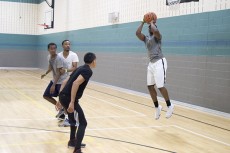 Free Agents team member Deion McKnight shoots for a basket during the game. The Free Agents went on to win the tournament, defeating Kami Squad 30-21.