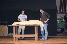 Jimmy Lunch plays a character who gets drunk before performing plastic surgery on a corpse while James Bonar mentors him on the procedure in South’s play Nov. 19-21. Rick McNeely/The Collegian