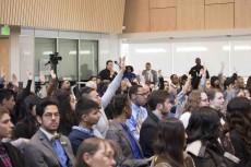 TCC students from all campuses stand and ask questions for each of three visiting U.S. representatives about a range of national topics Feb. 5.Photos by Karen Rios/The Collegian