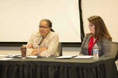 Tarrant County’s Democratic Party chair Deborah Peoples and Republican Party chair Jennifer Hall speak during the Feb. 27 Women’s Symposium on South about the qualities of leadership, overcoming adversity and achieving goals.