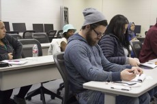 South student Jeff Cullum reviews his notes from a test anxiety seminar. South Campus held the workshop Feb. 24 to help students find ways of alleviating stress before tests.Bogdan Sierra Miranda/The Collegian