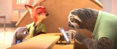 Officer Hopps (left) and Nick (center) make an unlikely team as they visit Flash “Hundred Yard Dash” at the Department of Motor Vehicles in the Disney film Zootopia. The duo overcome stereotypes to solve a crime.Photo courtesy Walt Disney Studios