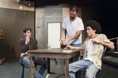 Jake Blakemann, Hayden Evans and Stephen Devereaux rehearse for the NE play Picasso at the Lapin Agile in fall 2014. The NE theater program will present At Home at the Zoo this semester.