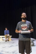 Cast member Hayden Evans rehearses his role as Jerry with fellow castmate Alex Swanson looks on. At Home at the Zoo by Edward Albee opens Oct. 5 and runs through Oct. 8 in the NE theater. Katelyn Townsend/The Collegian