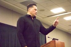 Rap artist, actor and Native American advocate Gary “Litefoot” Davis addresses a full house Nov. 2 on TR. Photos by Kaylee Jensen/The Collegian