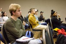 NE student Joseph Hudson listens to speaker Brent Beasley at the Nov. 16 seminar What Does Religion Say About Sexuality. Kaylee Jensen/The Collegian