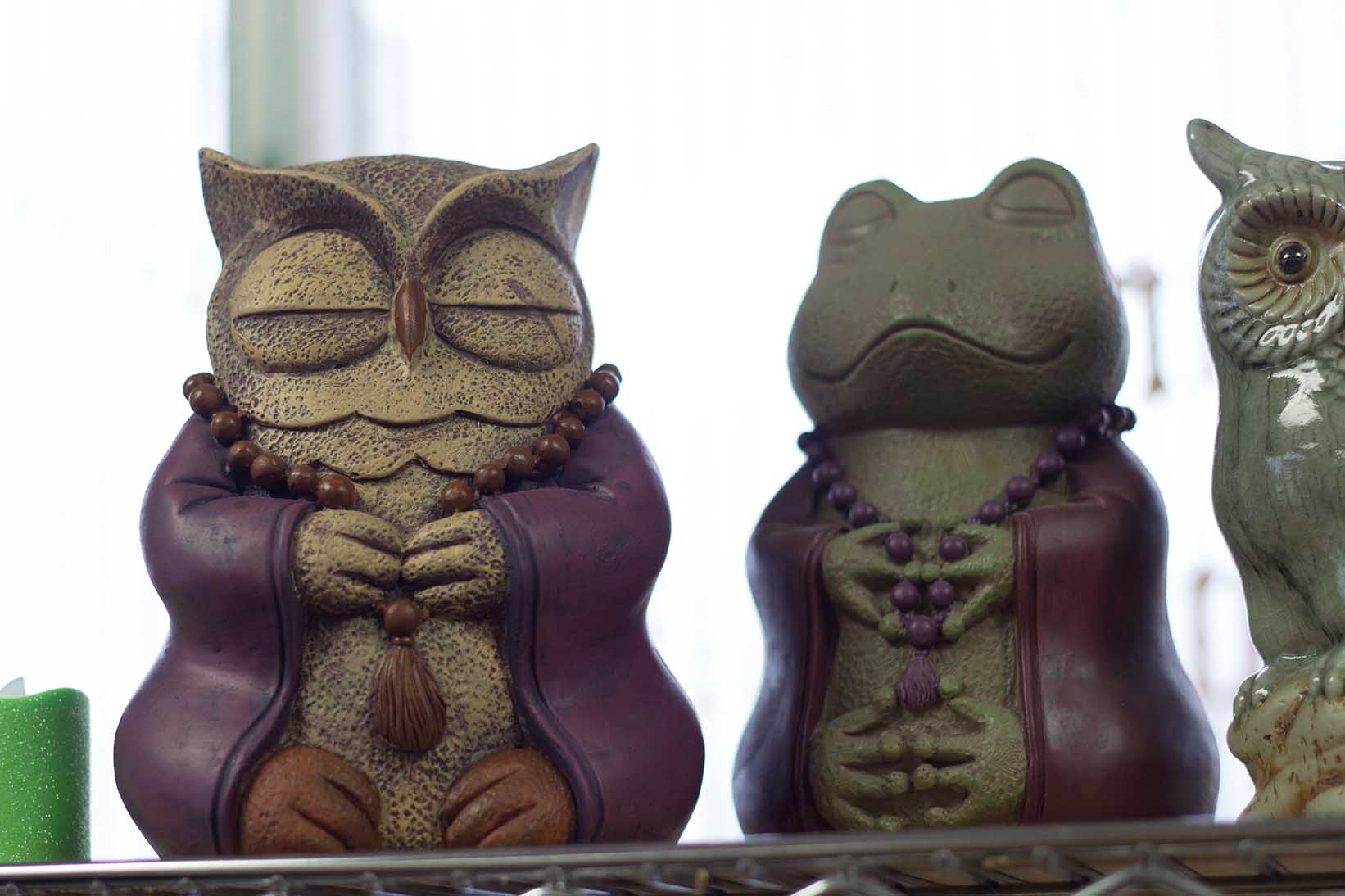 A meditating owl and frog are two of the many unique items at Enchanted Forest. This metaphysical shop has a variety of possible holiday gifts available. Photos by Bogdan Sierra Miranda/The Collegian