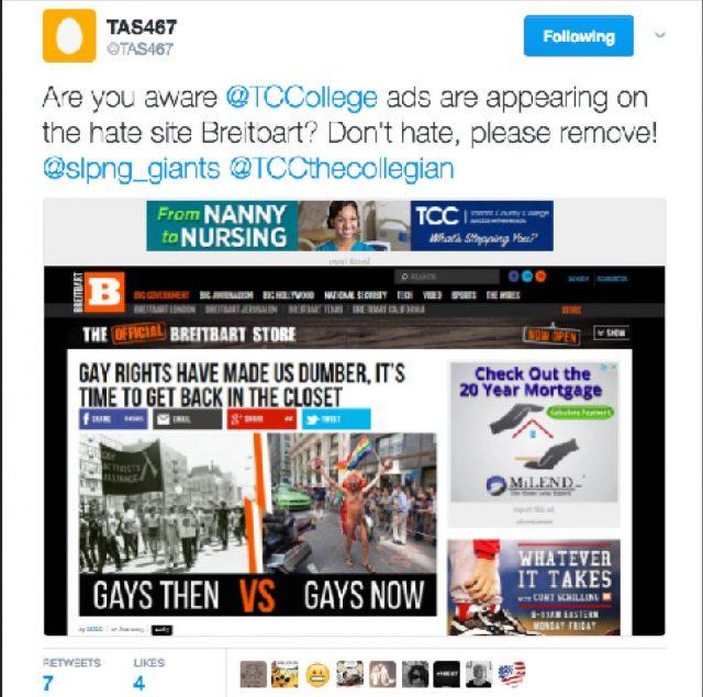 A TCC banner ad appears on the alt-right news source Breitbart News. A screenshot activist pointed it out in a tweet.

Twitter
