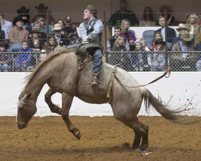 A+rider+grasps+the+saddle+while+his+bronco+bucks+during+what%E2%80%99s+billed+as+the+%E2%80%9CWorld%E2%80%99s+Original+Indoor+Rodeo.%E2%80%9D+The+Stock+Show+includes+two+rodeos+daily.