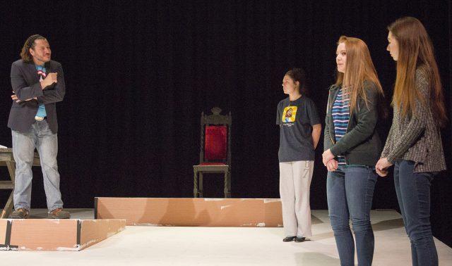 NE students George Phillips, Caitlin Ferguson, Taylor Holt and Breanna Lassetter rehearse for Hamlet. 
